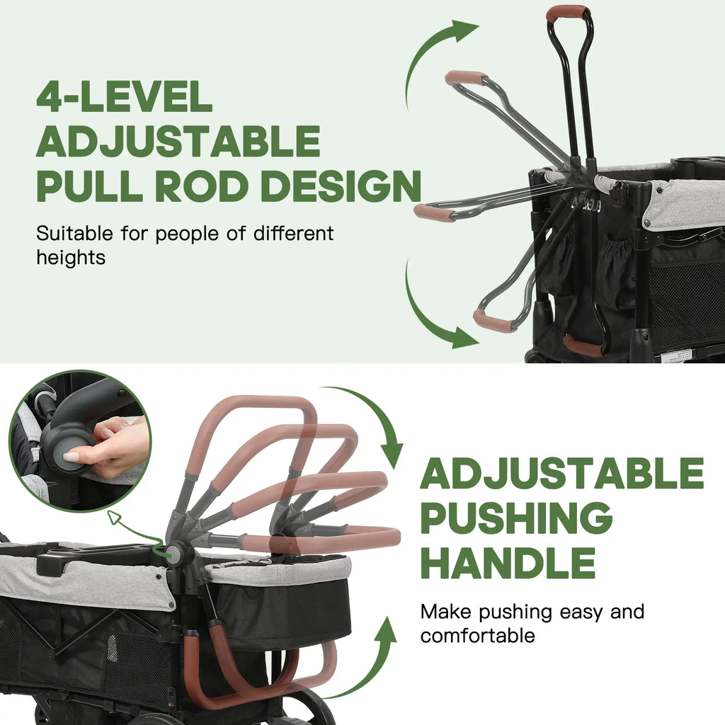 Dripex Stroller Wagon for 2 Kids, All-Terrain Foldable Kids Wagon Stroller with Removable Canopy, Mosquito Net, Snack Tray, Cup Holders & Storage Basket