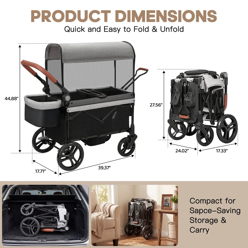 Dripex Stroller Wagon for 2 Kids, All-Terrain Foldable Kids Wagon Stroller with Removable Canopy, Mosquito Net, Snack Tray, Cup Holders & Storage Basket